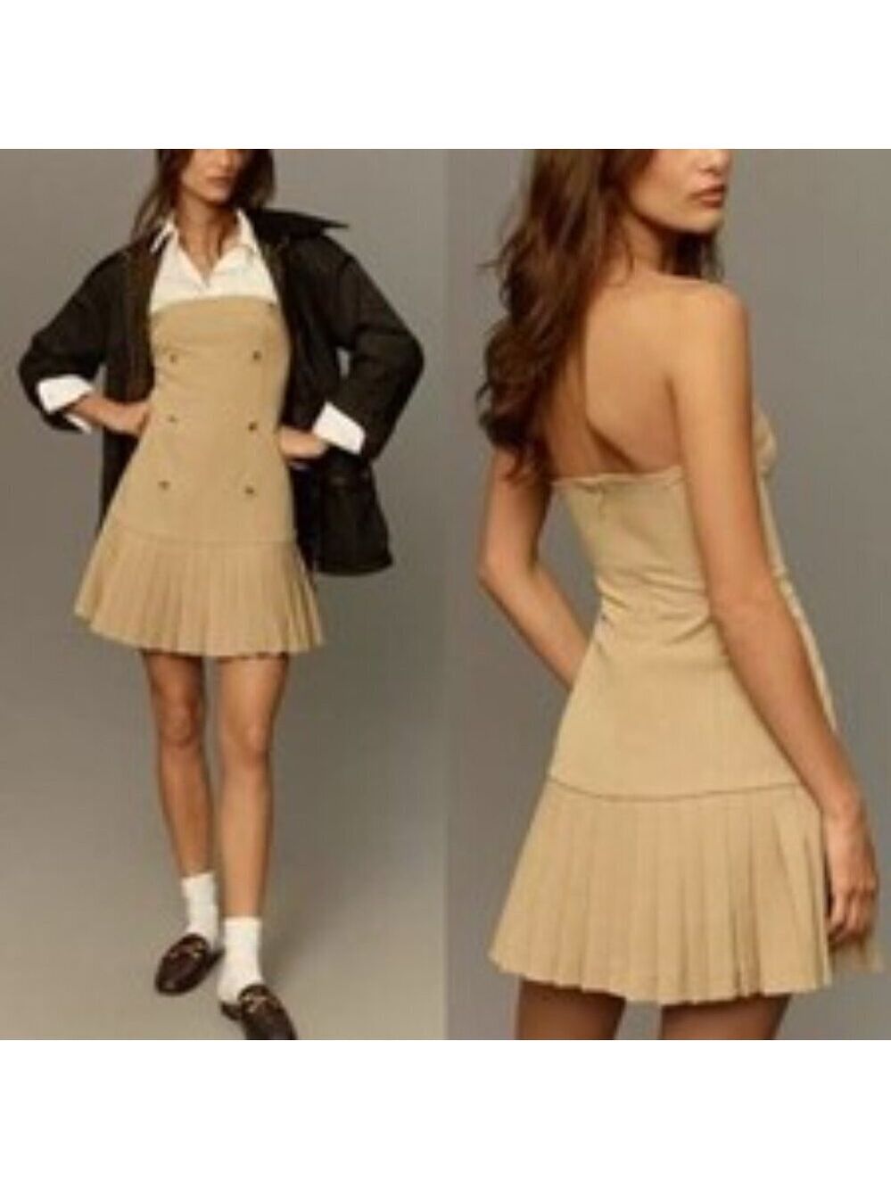 Maeve Strapless Pleated Trench Dress L Beige Mini Stretch Anthropologie NEW - Picture 2 of 11